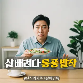 * 이미지 프롬프트: #모던 #미니멀 #깨끗한 #자연광 키워드를 반영한 디자인. 밝은 거실이나 주방 식탁 배경. 40대 한국인 남성이 샐러드나 닭가슴살 같은 다이어트 식단이 차려진 접시를 앞에 두고, 먹으려다가 겁에 질린 표정으로 멈칫하는 모습. 마치 음식에서 위험을 감지한 듯한 눈빛. 한 손으로는 살짝 자신의 발이나 무릎 쪽을 의식하는 듯한 제스처. 건강식이지만 환자에게는 공포의 대상이라는 아이러니를 표현. 따뜻한 감성의 아날로그 필름 사진 스타일 고화질 실사.

* 썸네일 텍스트(제목): 살 빼려다 통풍 발작
* 해시태그: #단식의저주 #살빼면독