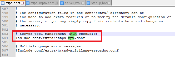 Apache httpd.conf 파일에서 MPM 모듈 주석 해제하는 방법