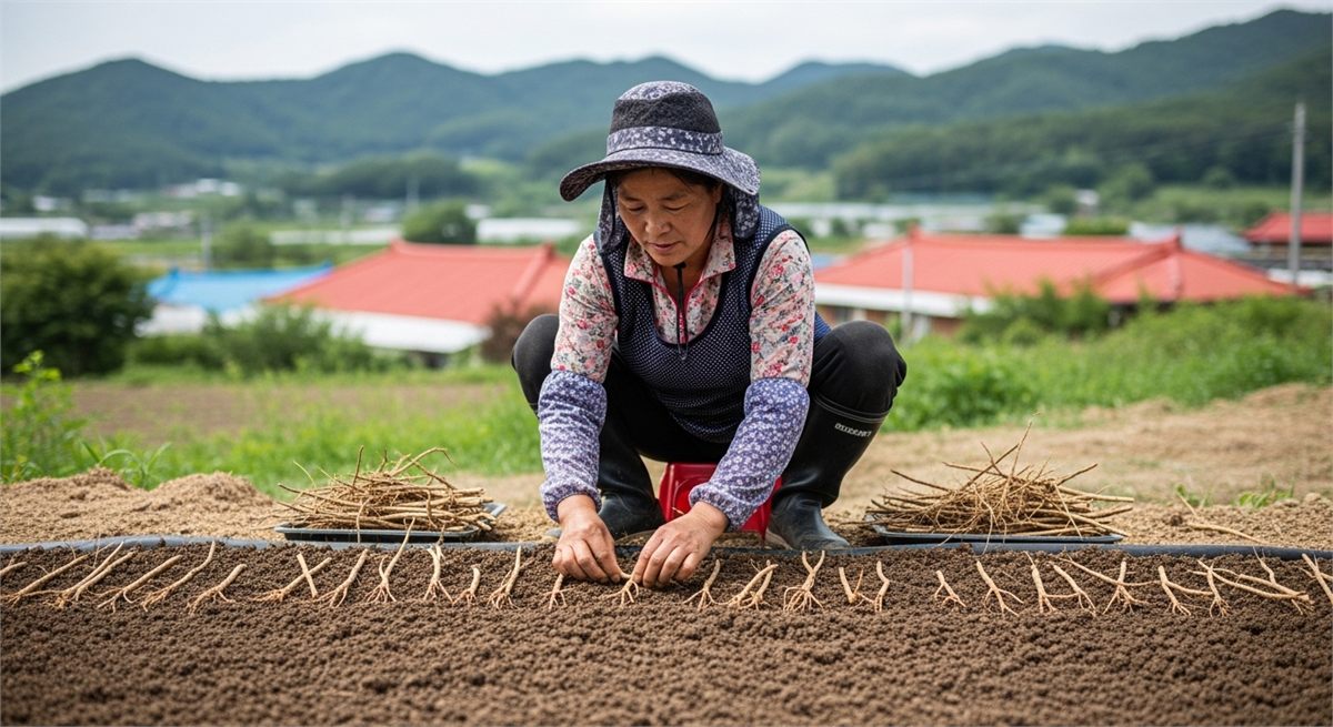봄철 번식상에 두릅 뿌리꺾꽂이를 하는 한국인 여성의 모습