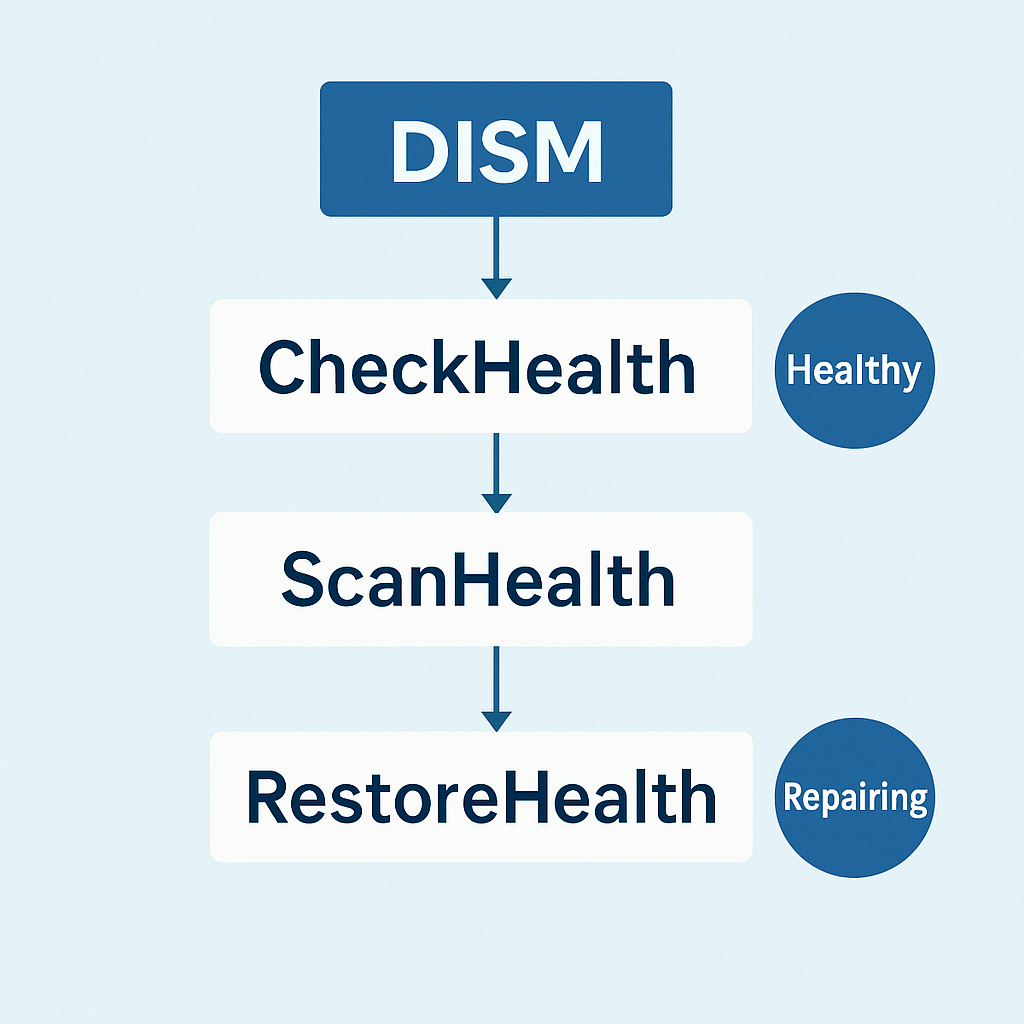 DISM 명령어 실행 순서 플로우차트 - CheckHealth에서 RestoreHealth까지 단계별 시스템 복구 프로세스