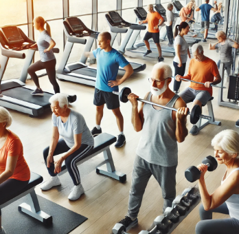 헬스 클럽의 운동하는 노년층