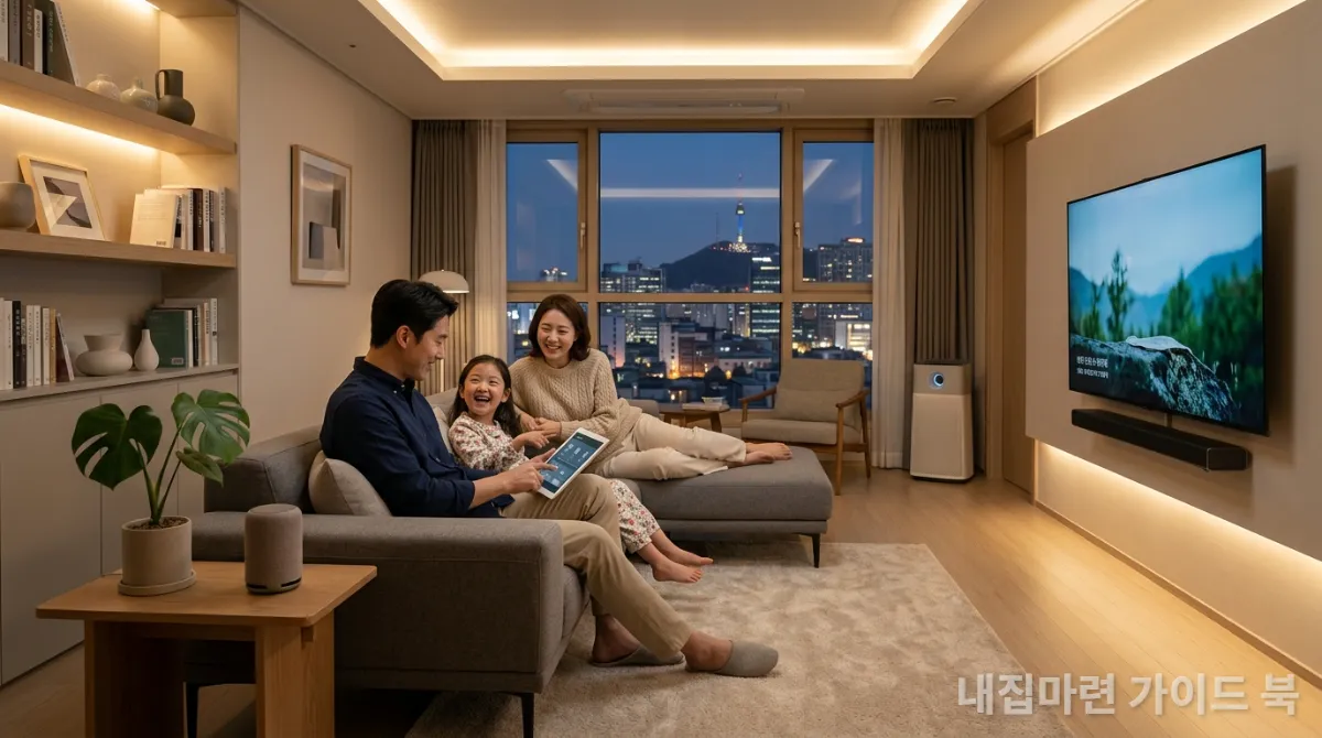 AI 음성 비서로 스마트홈 기기를 제어하며 편안하게 쉬는 한국 가족