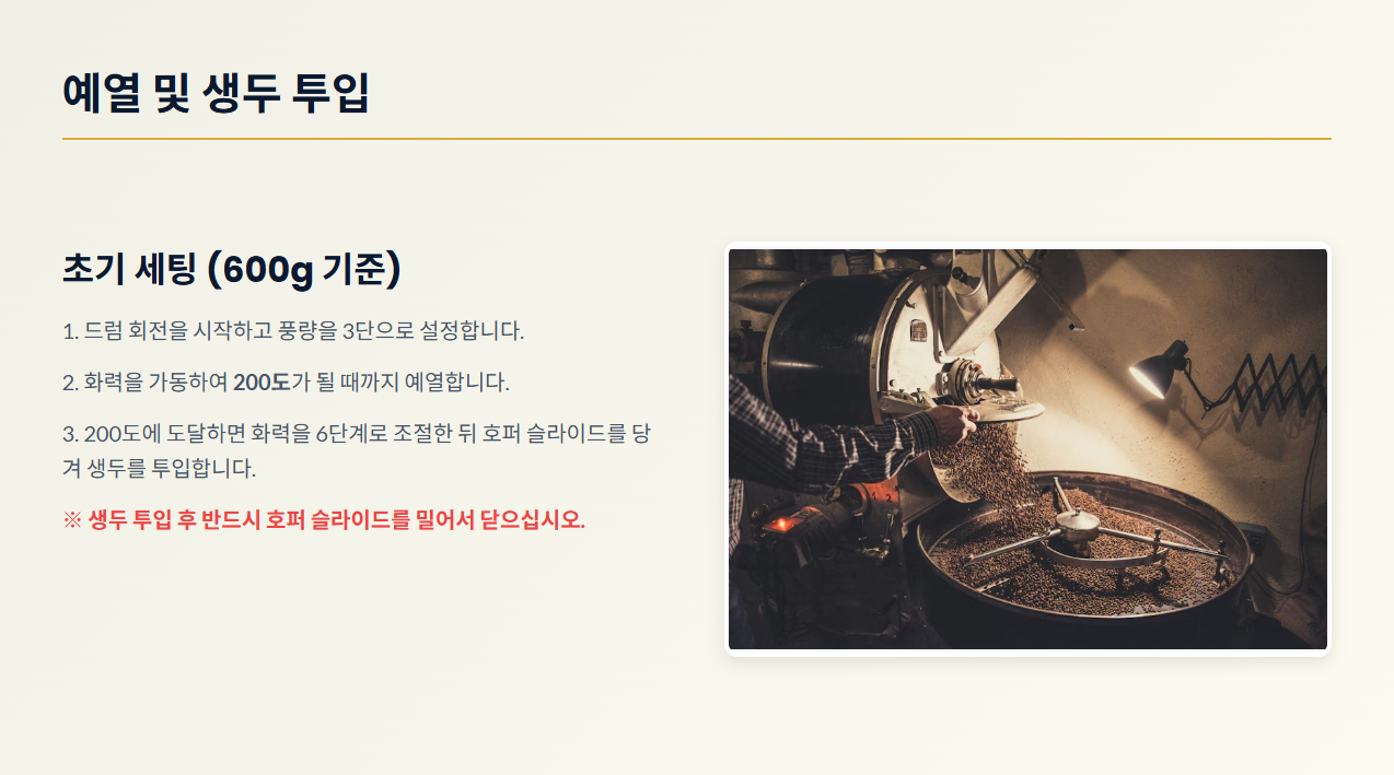예열 및 생두 투입 가이드 - 600g 기준 풍량 3단 설정 및 200도 예열 후 투입 방법/ 로스트 프로 / Roast Pro