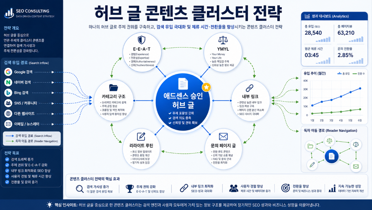 애드센스 승인 허브 글을 중심으로 세부 콘텐츠를 연결한 콘텐츠 클러스터 전략 이미지