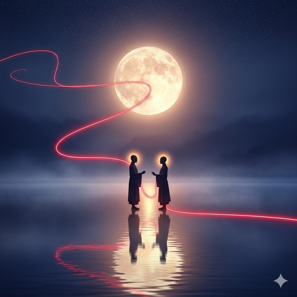 A visually stunning and emotional conceptual art piece representing 'In-yeon' (the Buddhist concept of destiny and connection). Two people (a man and a woman in simple linen clothing) are standing apart on a calm, mirror-like lake at night, with their silhouettes reflected in the water. Connecting them is a vibrant, glowing red thread of light that intricately weaves through the air like a constellation. The background features a giant, soft full moon and countless stars, symbolizing the vastness of time (eons). The atmosphere is mystical, peaceful, and filled with a sense of cosmic destiny. High resolution, surreal aesthetic, ethereal lighting.