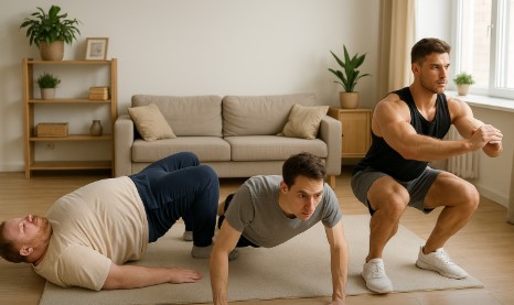 3명의 남자가 집에서 운동하는 사진