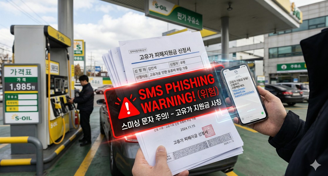 주유소 배경과 지원금 신청 서류가 겹쳐진 가운데 'Sms Phishing' 경고 문구가 새겨진 사진.