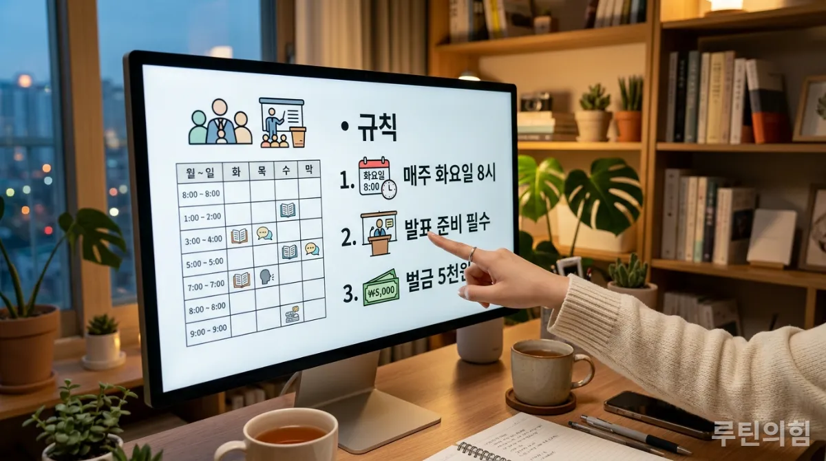 온라인 스터디 그룹의 명확한 규칙과 일정이 디지털 화면에 표시된 모습