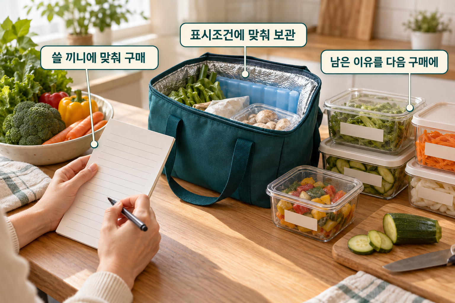 구매목록과 보냉가방, 내용이 표시된 소분용기로 장보기의 연결을 나타낸 장면
