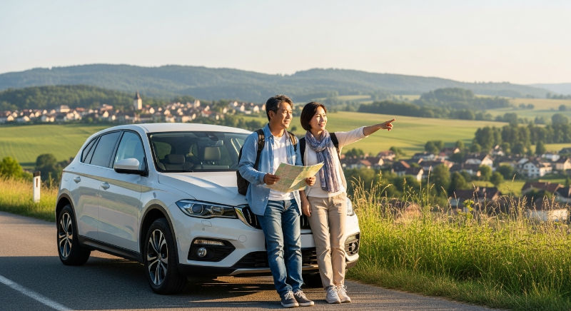 2025년 유럽 시골길에서 렌터카 옆에 서서 환하게 웃고 있는 50대 한국인 부부, 여유롭고 행복한 은퇴 후 여행의 순간을 담음.