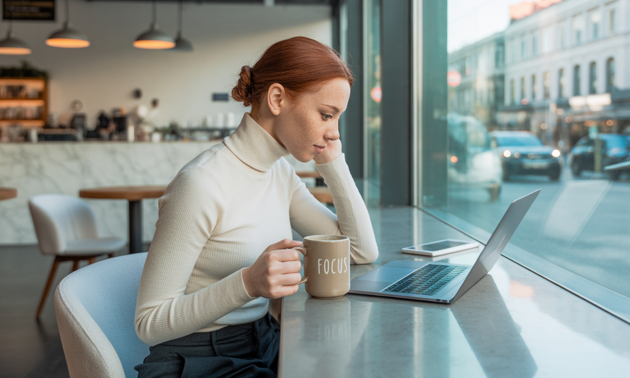 프리랜서 (손에 커피, 노트북을 보고 있는 여자의 모습)