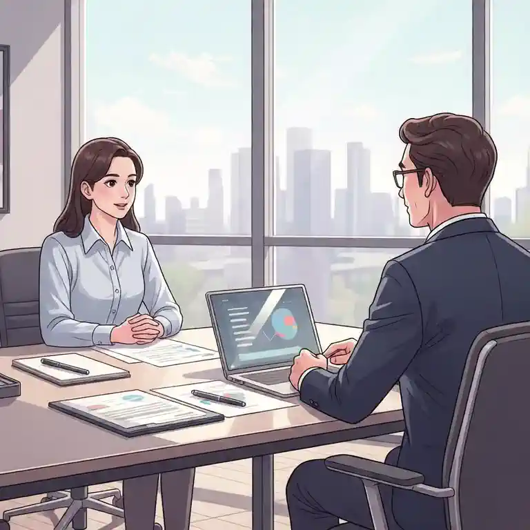 회의실에서 상사에게 설명하는 직원