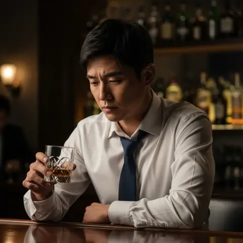알코올 과다 음주로 고민하는 40~50대 남성의 모습