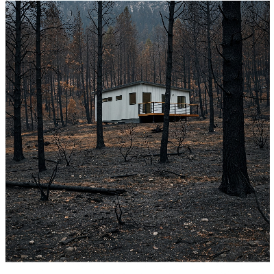 불에 탄 잔해 위에 홀로 서 있는 모듈러 주택 이미지