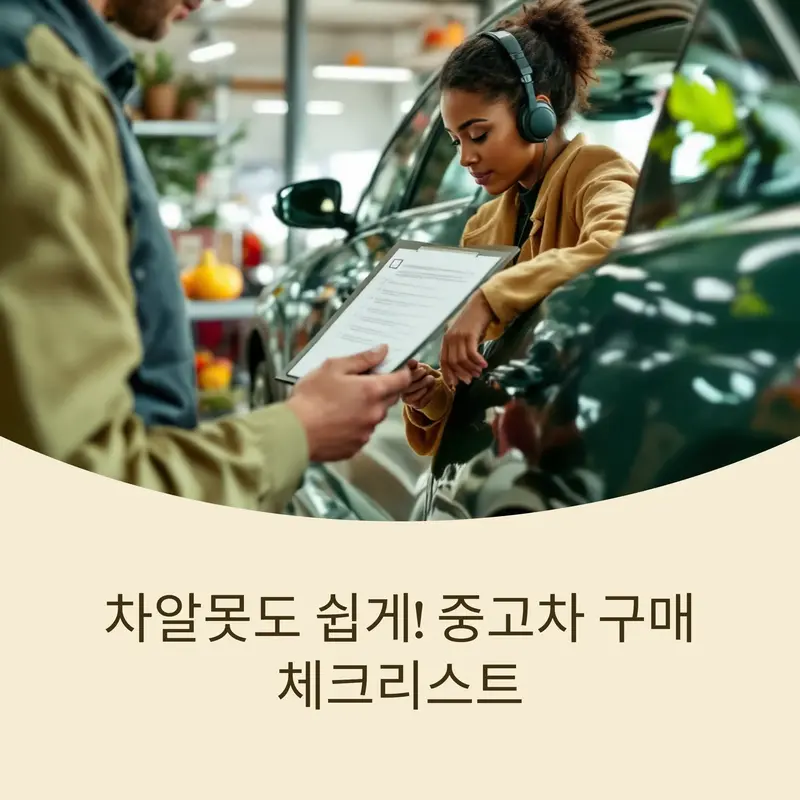 중고차 매장에서 차량 상태 점검 체크리스트를 검토하는 여성 고객과 상담 직원