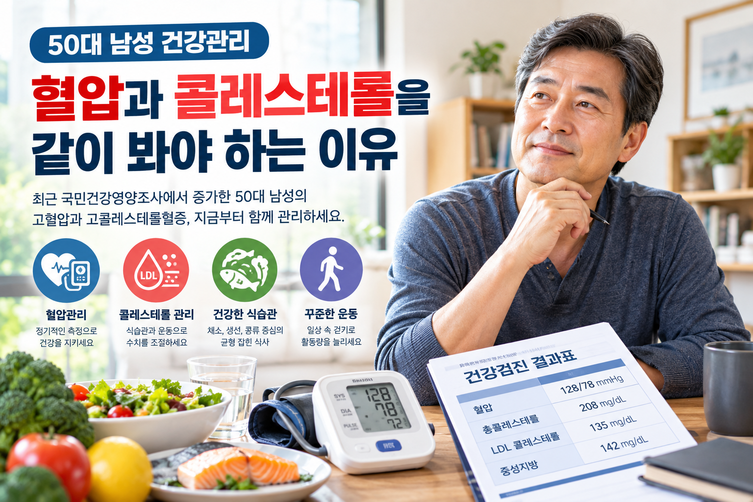 50대 남성이 건강검진 결과를 확인하며 혈압과 콜레스테롤 관리를 실천하는 모습