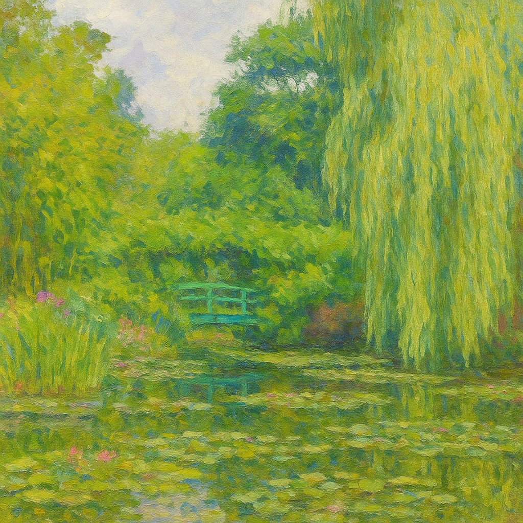 인상주의 화풍으로 그린 녹음 가득한 정원과 연꽃으로 뒤덮힌 연못