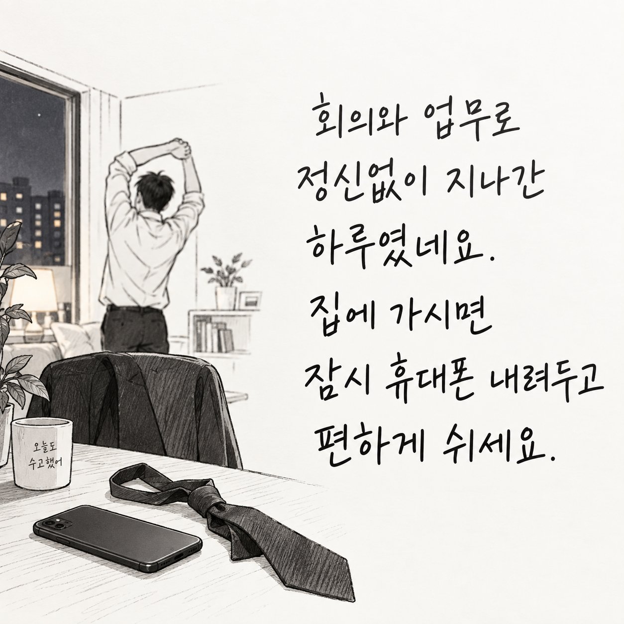 직장인 저녁 인사 이미지 12 — 회의와 업무로 정신없이 지나간 하루였네요. 집에 가시면 잠시 휴대폰 내려두고 편하게 쉬세요.