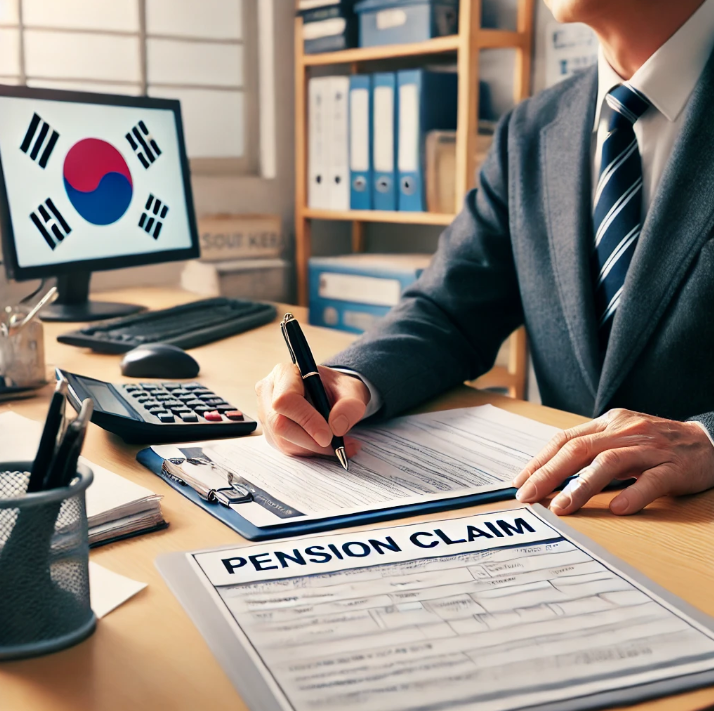 사무실에서 국민연금 반환일시금 청구를 위한 서류를 작성하는 모습