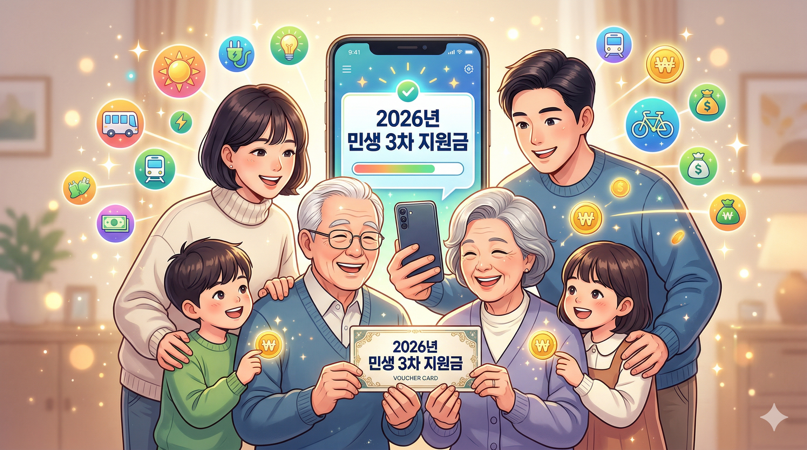 "2026년 5월 18일부터 시작되는 민생 3차 지원금 신청, 온 가족이 함께 혜택을 확인하는 행복한 모습."
