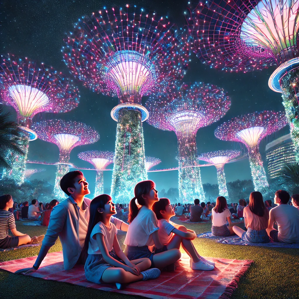 밤하늘을 수놓는 슈퍼트리 쇼와 가족이 함께 잔디에 앉아 감상하는 모습