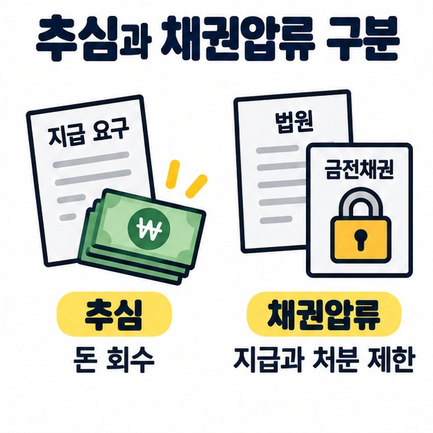 지급 요구 문서와 지폐로 표현한 추심, 법원 문서와 잠금 표시로 표현한 채권압류의 차이를 비교한 그림