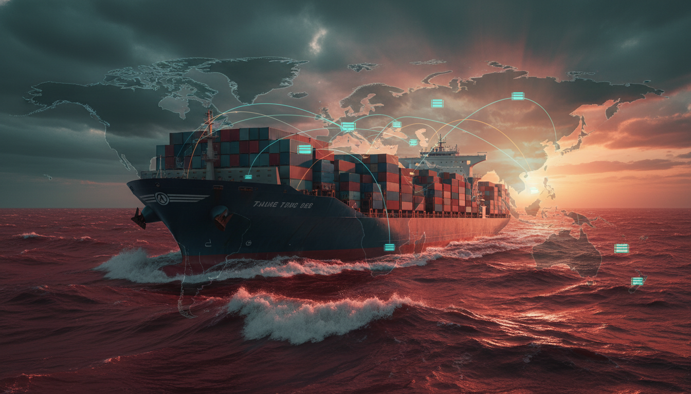 거친 홍해를 항해하는 거대한 컨테이너선, 2026년 물류 대란 속 해운 시장의 위기와 기회를 상징적으로 보여줍니다.
