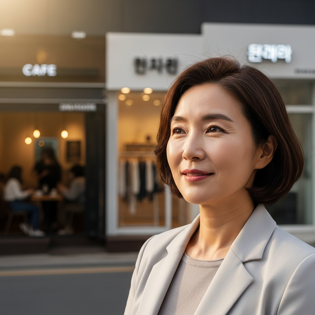 힘든 폐업 후 2025년 희망리턴패키지를 통해 새로운 시작을 준비하며 희망찬 표정으로 서 있는 소상공인.