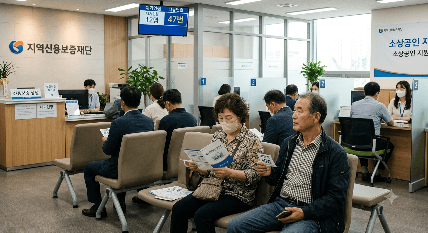 지역보증재단에서 상담을 받고 있고 상담을 대기중인 남,여사장님들 모습