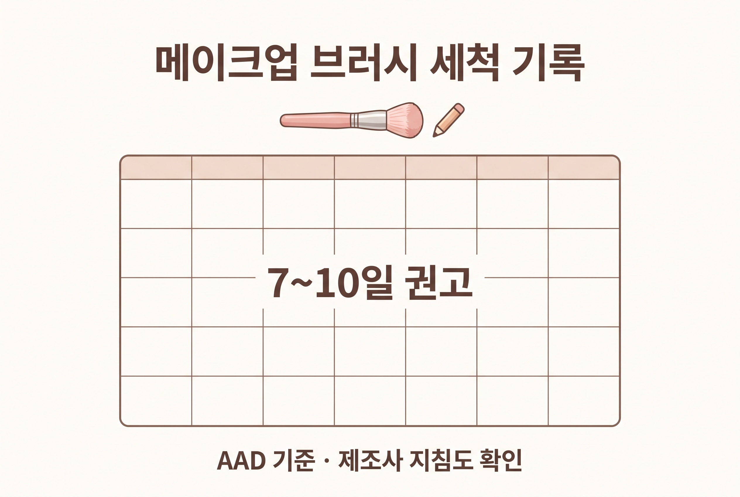 메이크업 브러시 세척일 기록과 AAD 7~10일 권고를 나타낸 그래픽