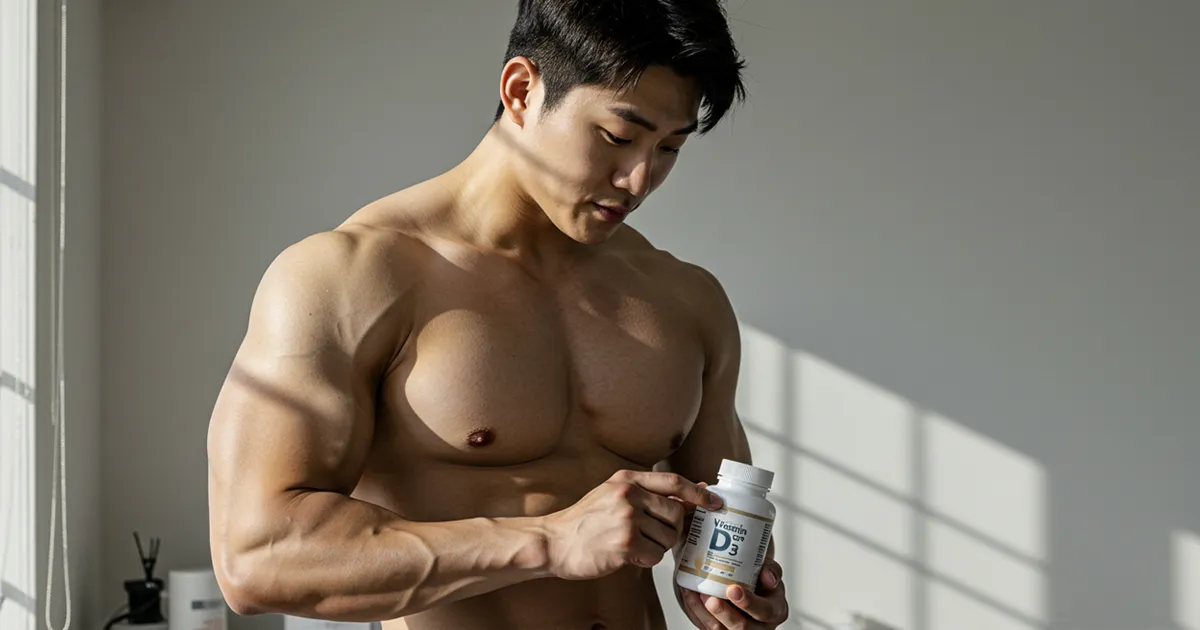 보디빌더가 비타민 D3 영양제 라벨을 확인하는 사진