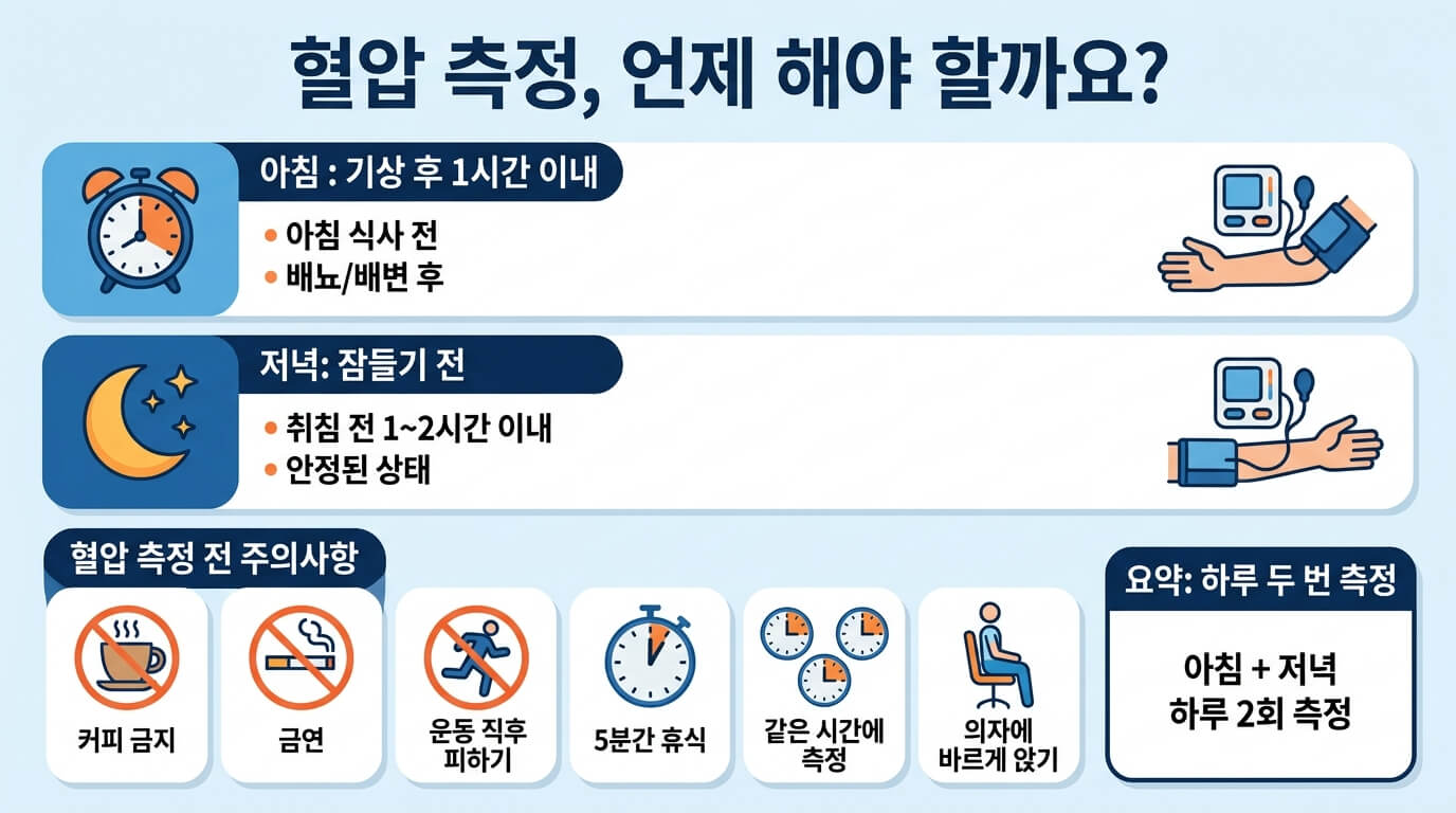아침과 저녁 혈압 측정 시간과 혈압 측정 전 주의사항을 설명하는 건강 인포그래픽