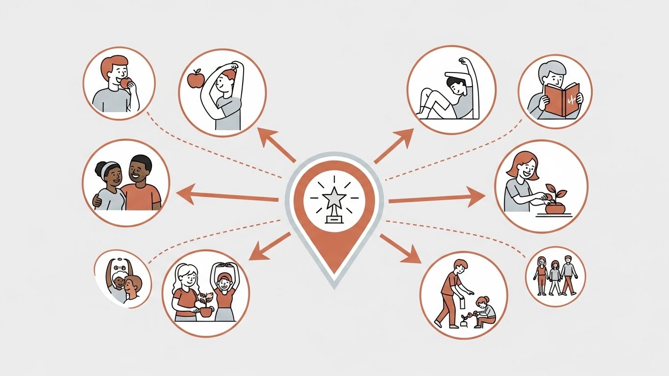 다양한 건강 실천 활동(운동, 식단, 교육)이 건강 관리 포인트로 이어지는 과정을 시각적으로 설명하는 안내 이미지.