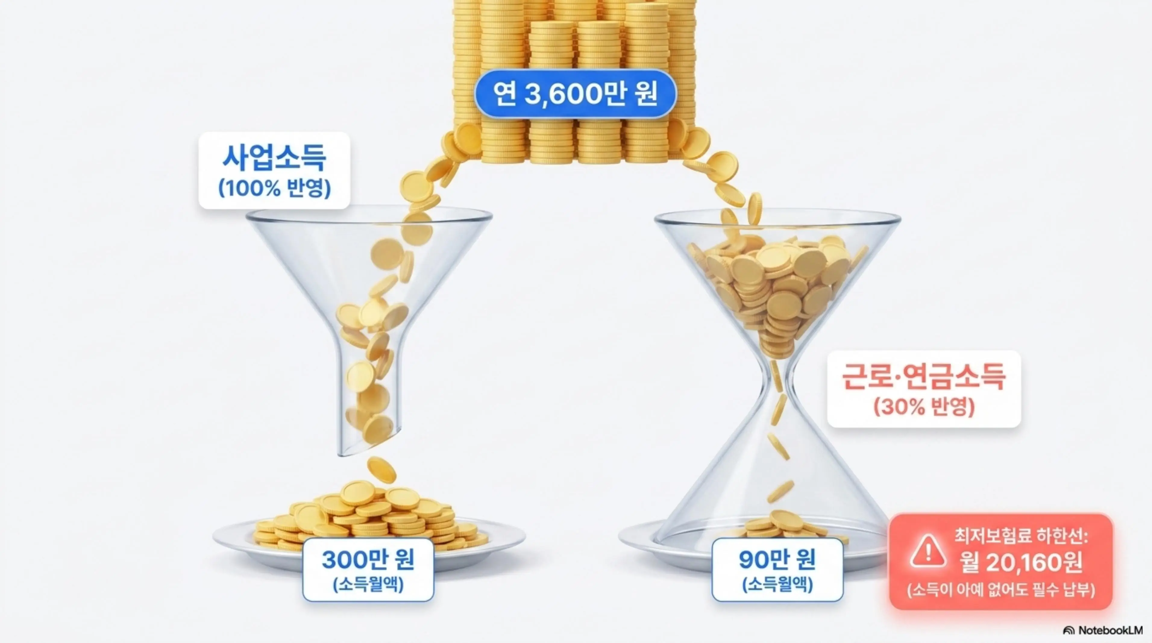 지역가입자 건강보험료 소득 유형별 반영비율을 깔때기 그래픽으로 비교한 인포그래픽. 연 3600만 원 기준 사업소득은 100% 반영되어 소득월액 300만 원이고 근로연금소득은 30% 반영되어 소득월액 90만 원이 되는 차이와 최저보험료 월 20160원을 시각적으로 설명함