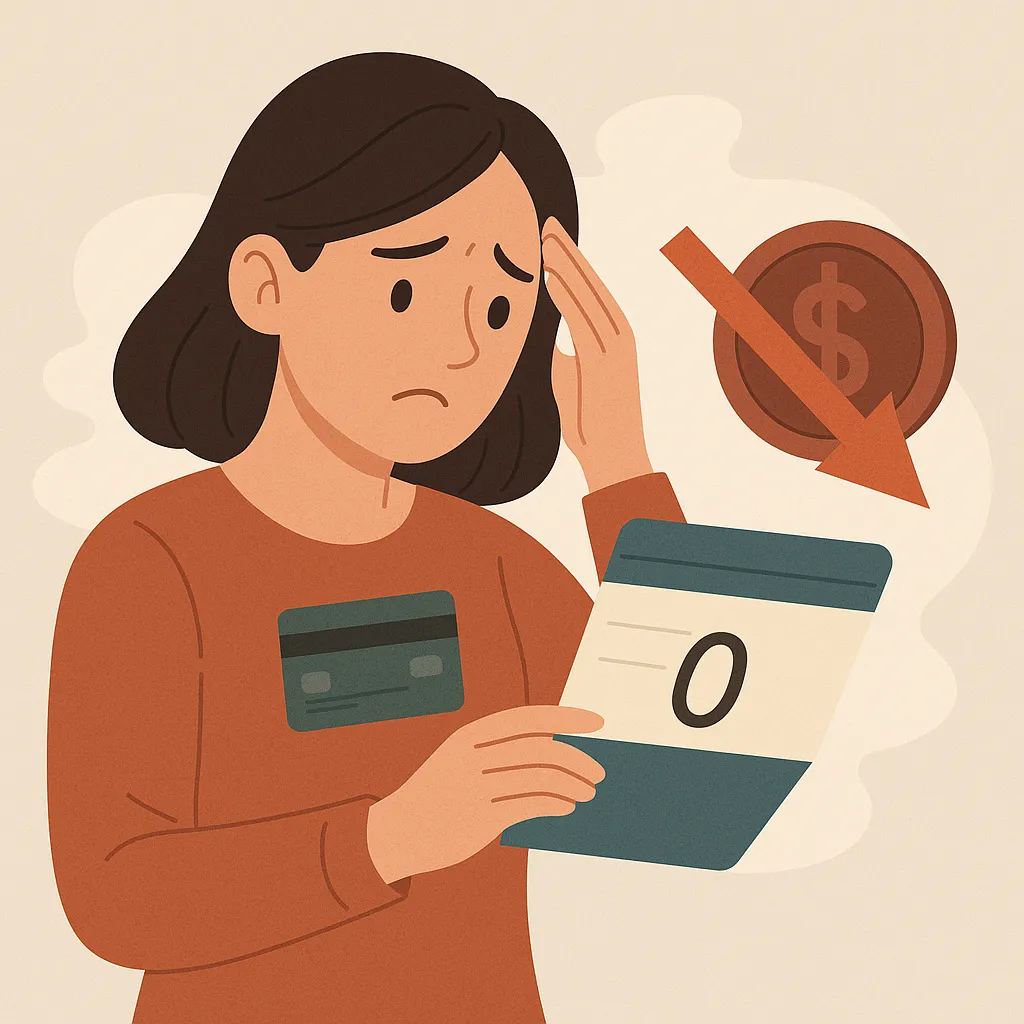 통장-잔액이-0원으로-표시된-통장을-보며-걱정하는-여성의-모습-금융-거래에서-불리하게-작용할-수-있는-상황을-시각적으로-표현한-장면