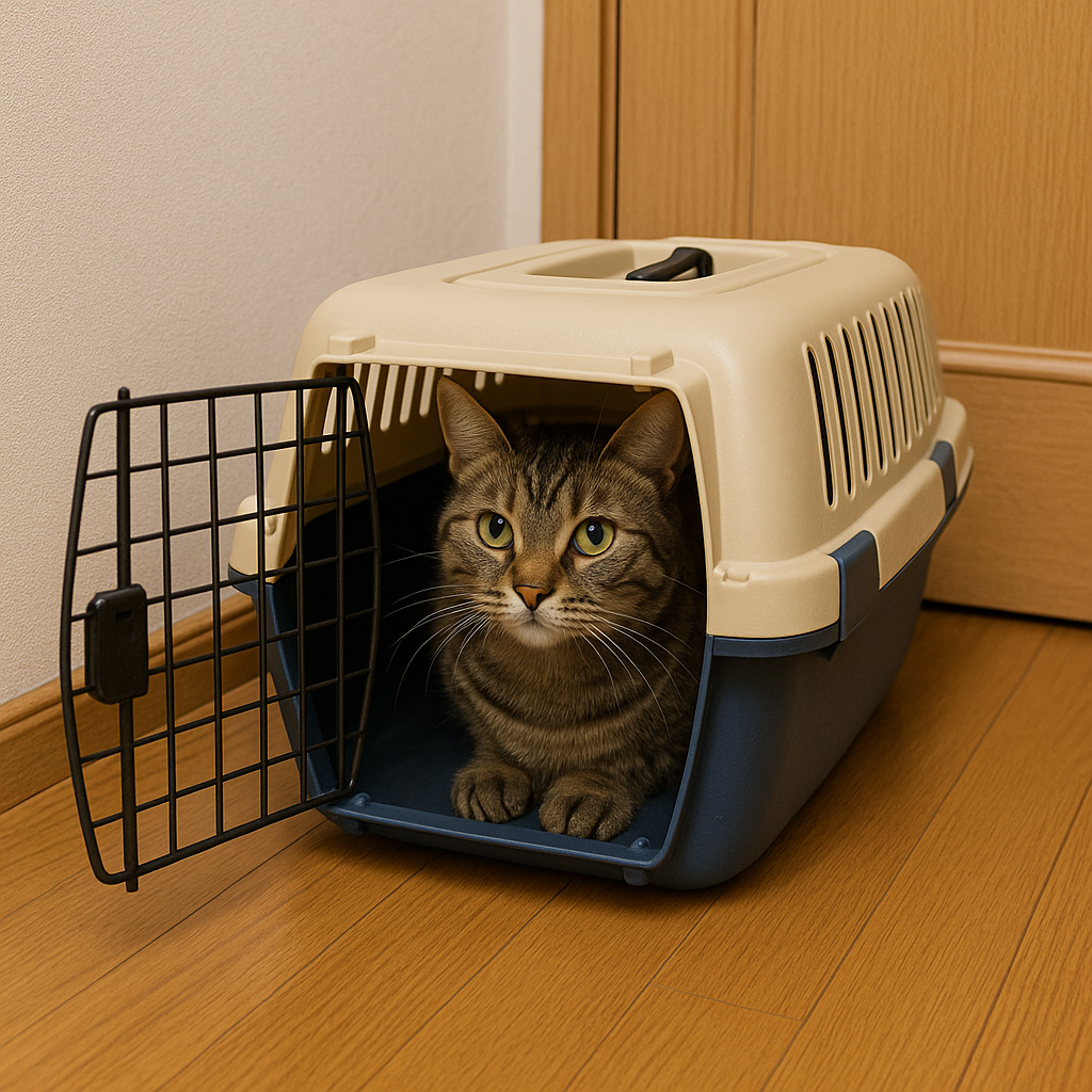 현관 앞에 문이 열린 반려동물 캐리어에 들어가 있는 고양이