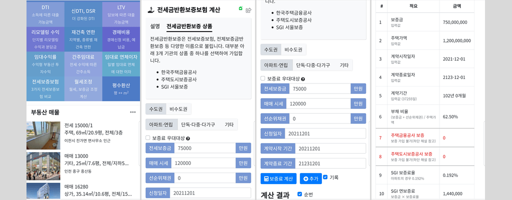 HUG·SGI·HF 보험료 비교 계산기 사용예시