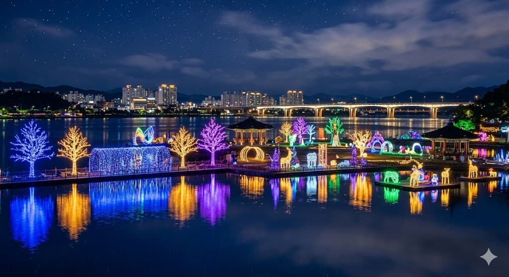 A breathtaking night view of the 2026 Chuncheon Lake Starlight Festival, featuring magical colorful LED light installations reflected on the water of Uiam Lake under a starry sky without text.