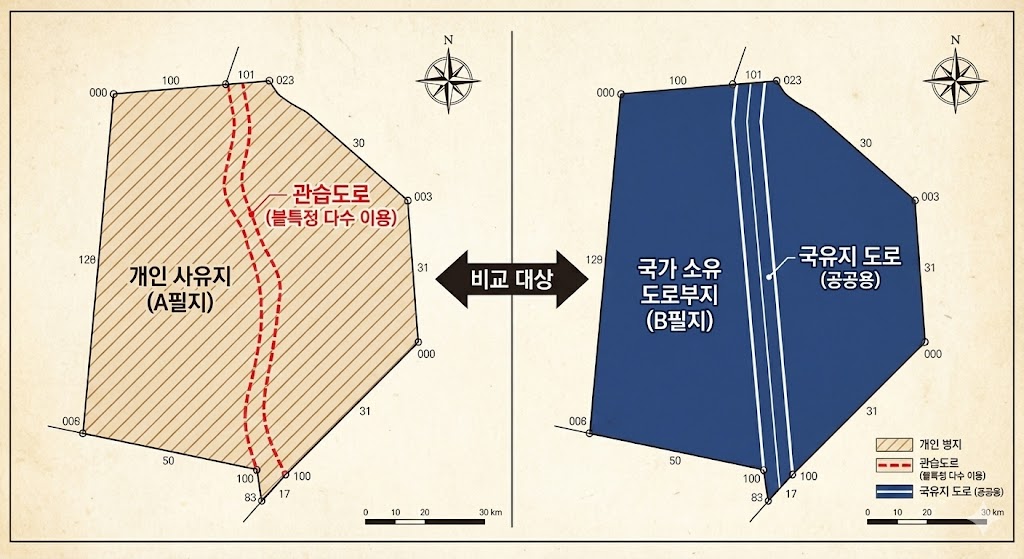 <img src="이미지주소"
 여러 사람이 함께 이용하는 마을길과 개인 마당이 맞닿아 있는 시골 도로 장면, 관습도로와 점용료 갈등 상황