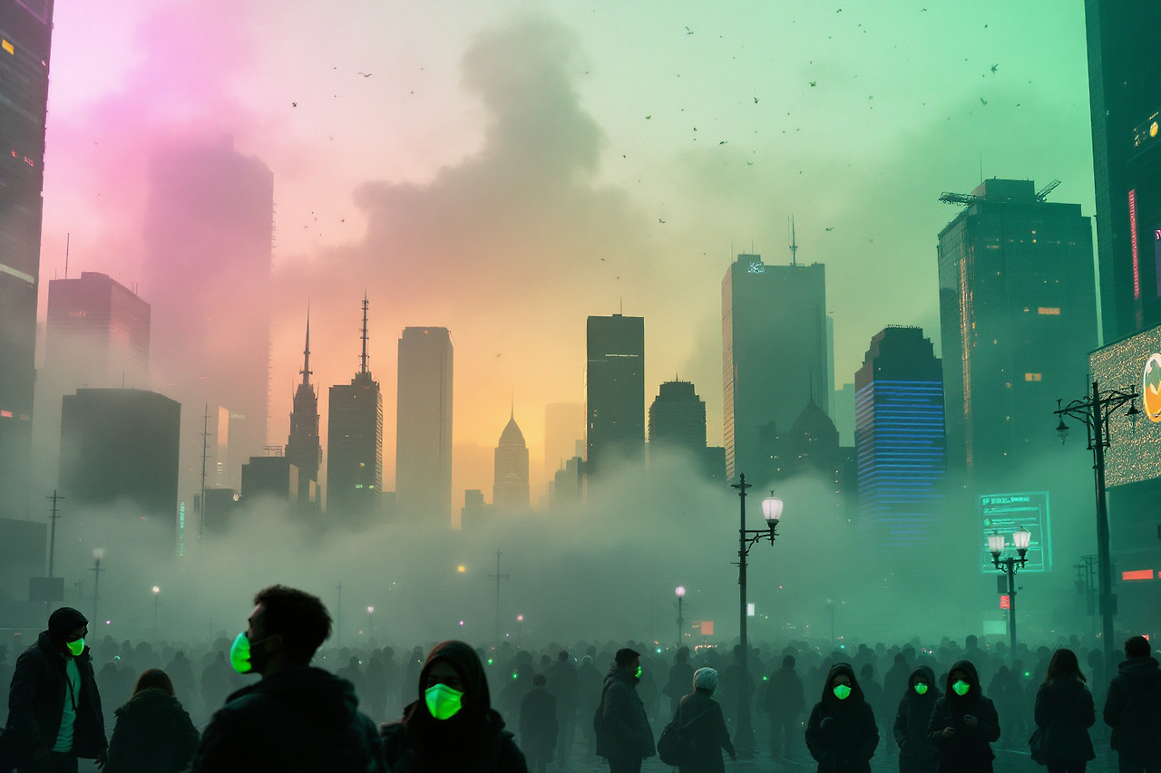 미세먼지로 뿌옇게 뒤덮인 하늘과 도시