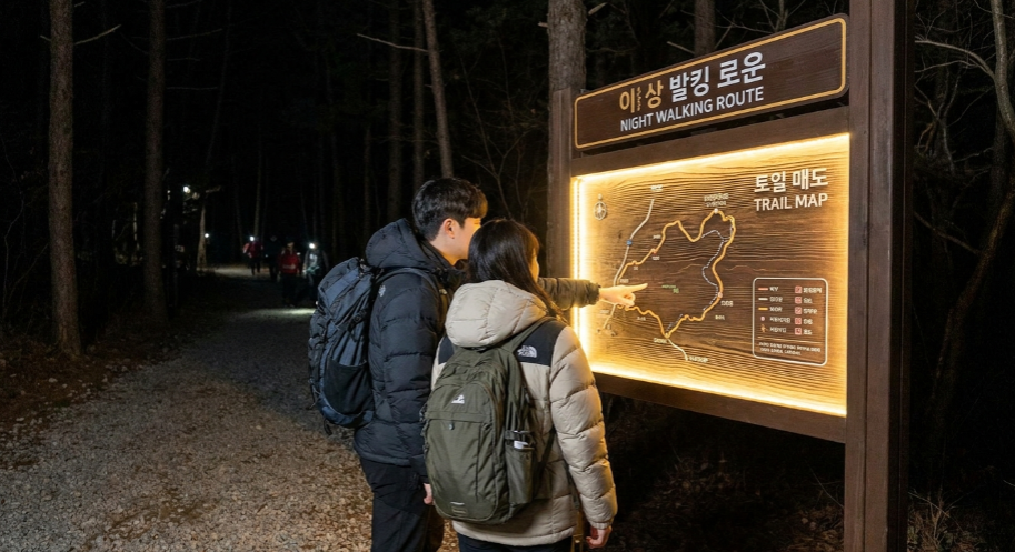 숲길 안내판 앞에 서서 지도를 확인하며 동선을 체크하는 커플