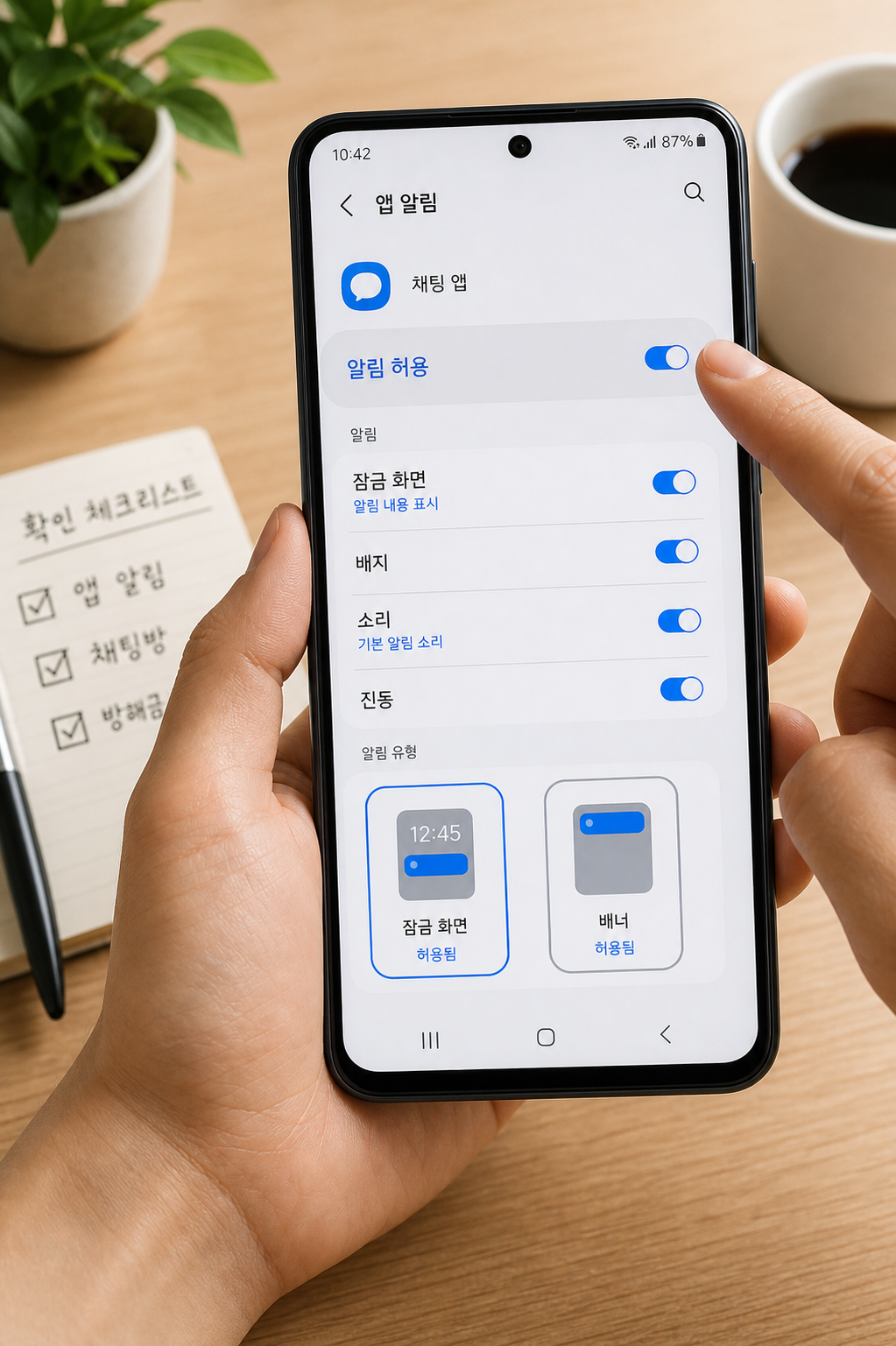 카카오톡 알림 허용, 잠금화면, 배지, 소리 설정을 확인하는 스마트폰 화면