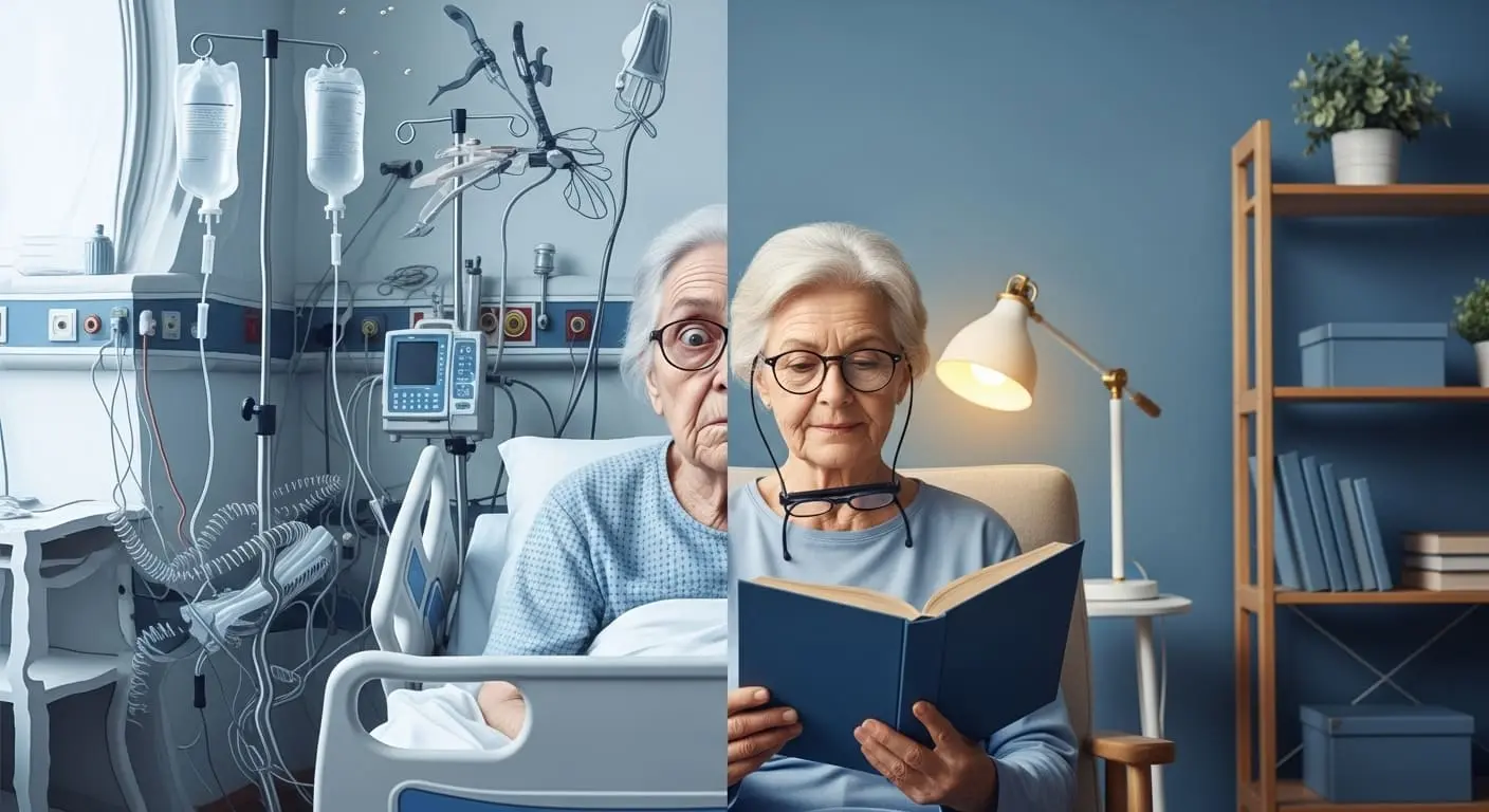 섬망과 치매의 차이를 시각적으로 보여주는 대비 이미지. 한쪽은 혼란스러워하는 노인 환자를, 다른 한쪽은 차분하게 책을 읽는 노인의 모습을 대조하여 섬망의 특징을 설명함.