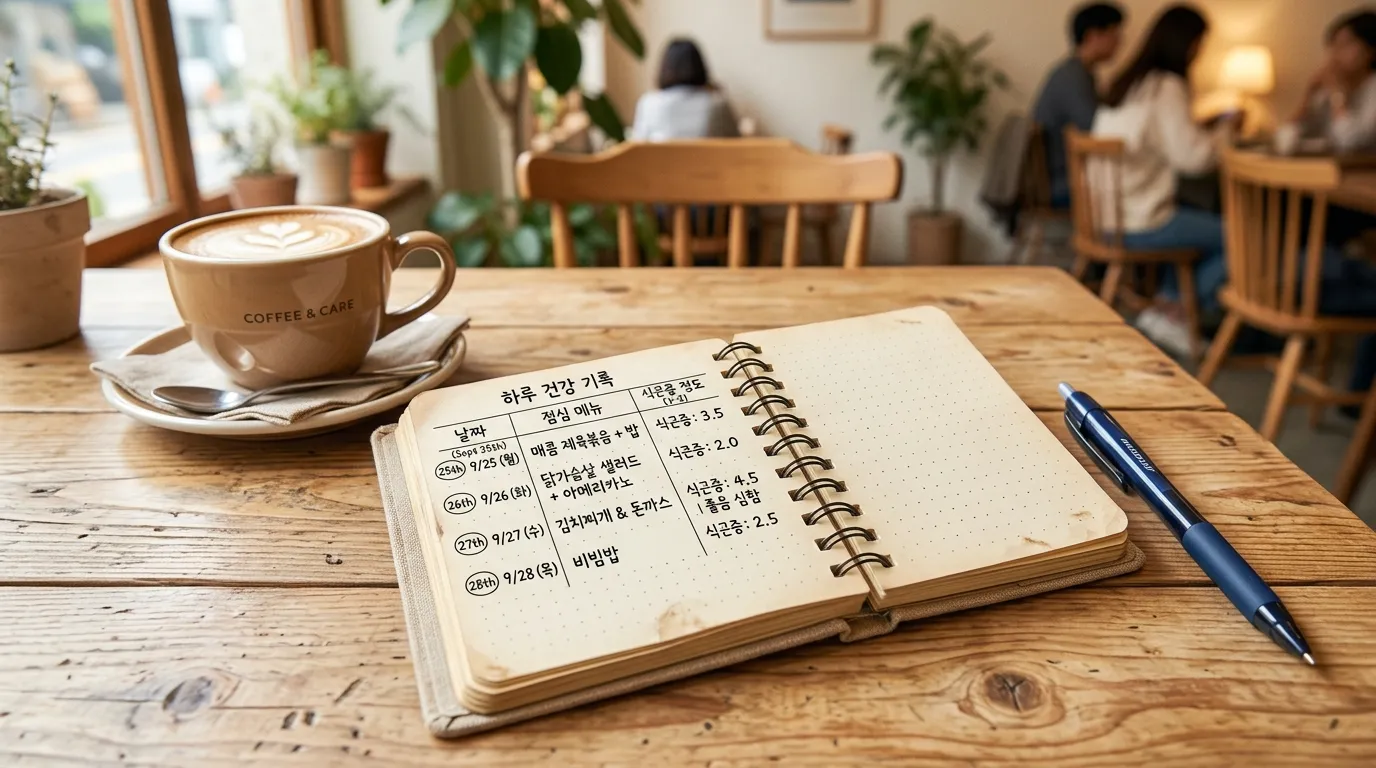 점심 메뉴와 졸림 강도를 기록하는 노트