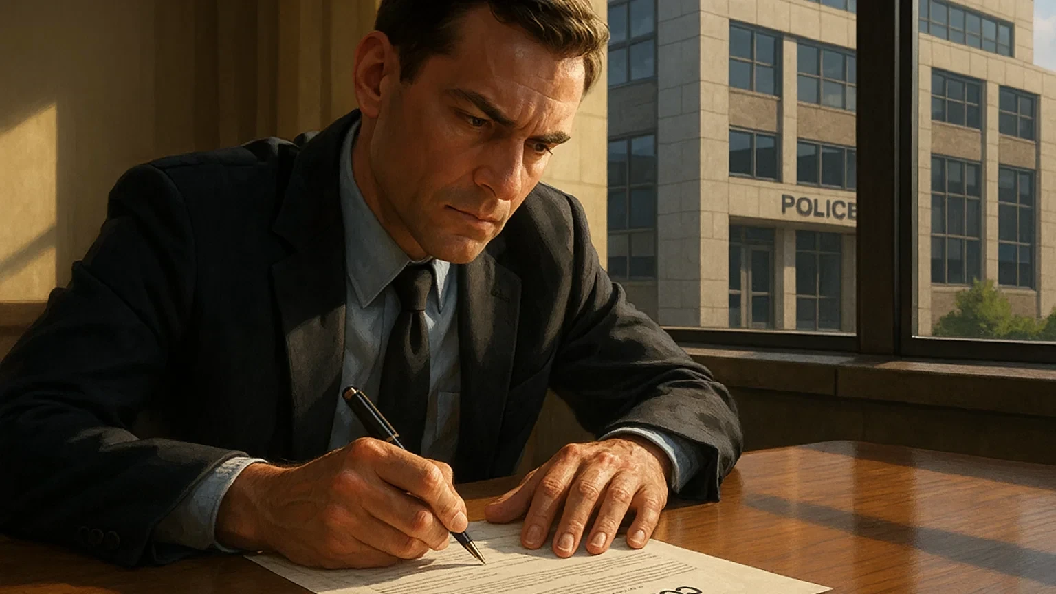 고소장 작성하는 모습과 경찰서 건물이 함께 보이는 법무 관련 이미지