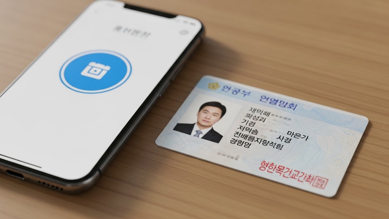 책상 위에 놓인 운전면허증과 면허 보호를 위해 실행 중인 스마트폰 정책 앱