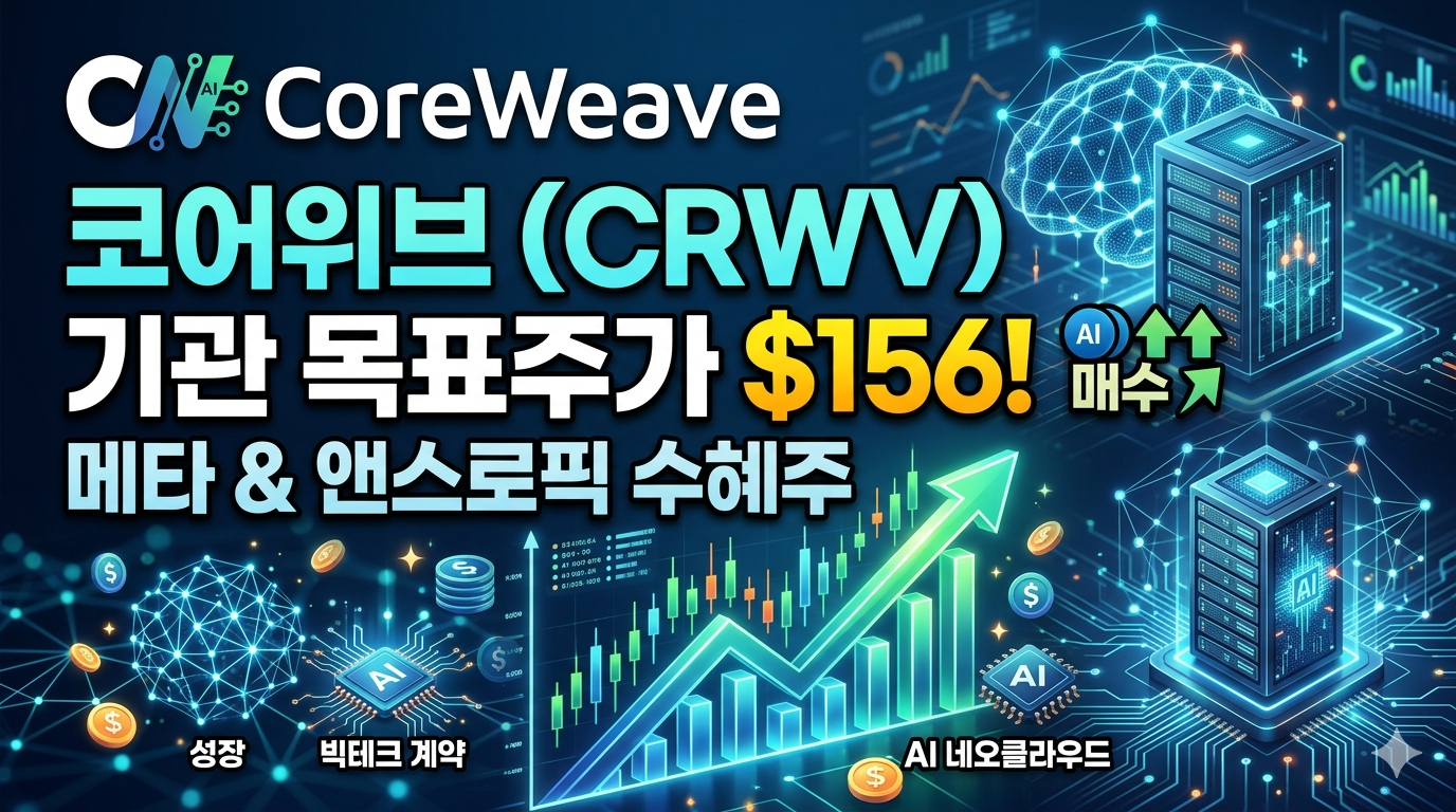코어위브(CoreWeave) 로고와 상승하는 주가 그래프, 그리고 '기관 목표주가 $156' 텍스트가 강조된 썸네일 이미지