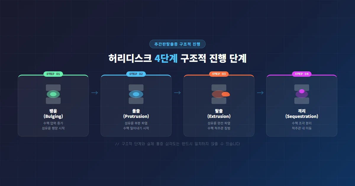 허리디스크 추간판탈출증 구조적 진행 단계 4단계 비교 &mdash; 팽윤, 돌출, 탈출, 격리