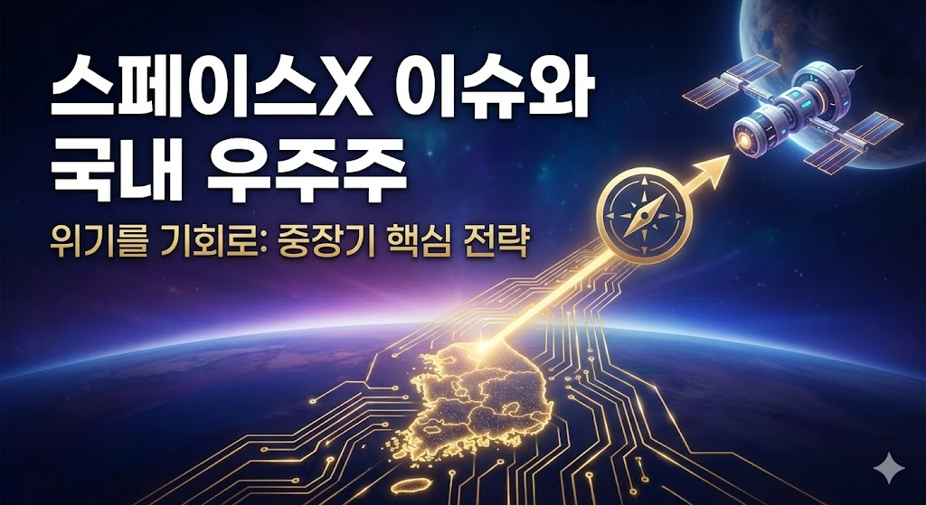 스페이스X 이슈와 국내 우주주 중장기 투자 전략을 주제로, 한국 지도와 인공위성을 연결하는 나침반 경로가 그려진 우주 배경 썸네일