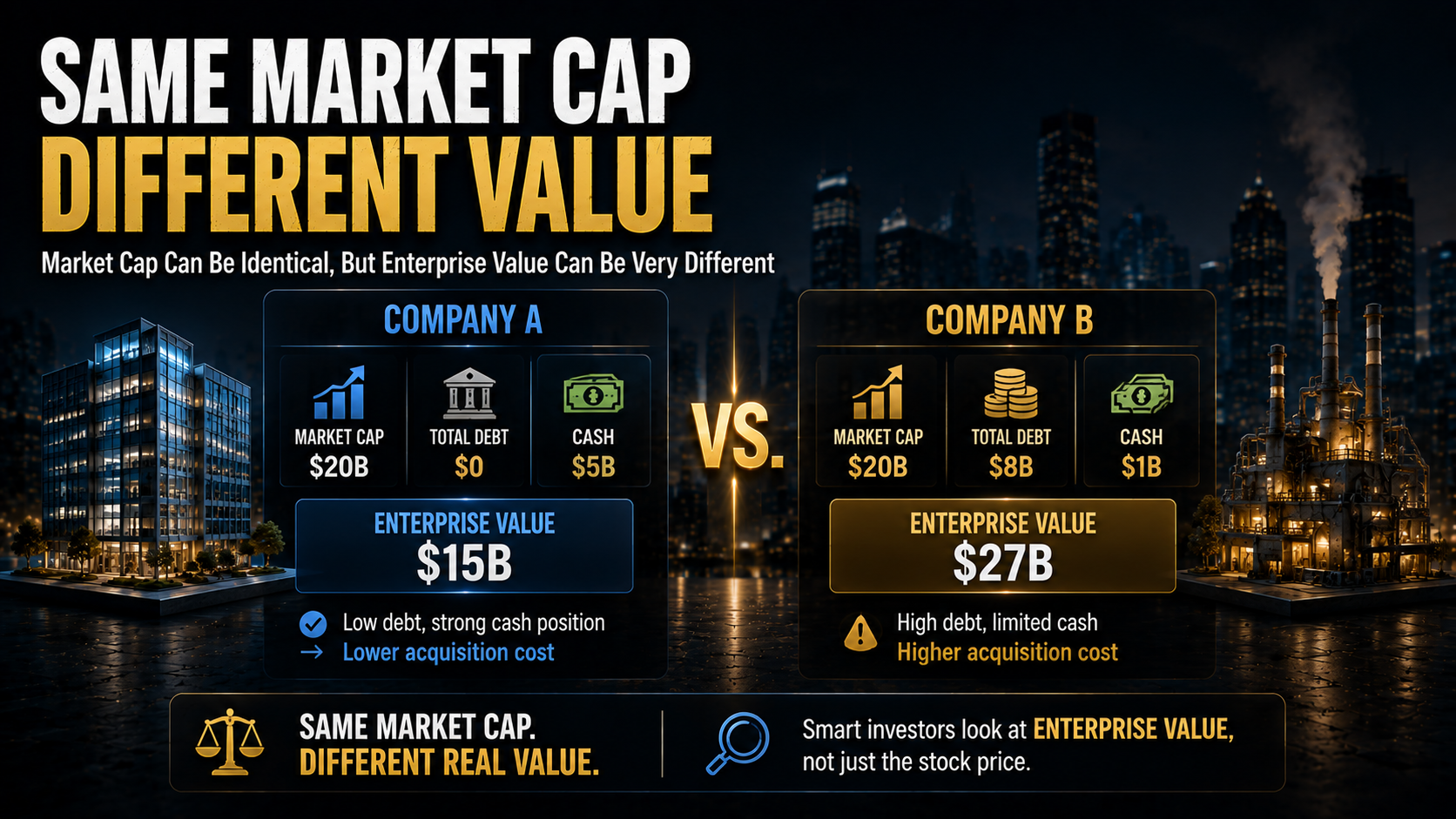 Comparison showing two companies with the same market cap but different Enterprise Values due to debt and cash differences.